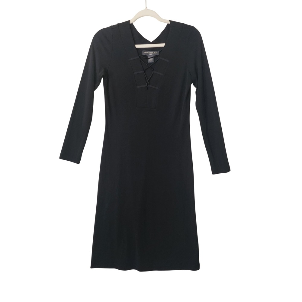Banana Republic Womens Black Lace Up V-Neck Long Sleeve Knit Sheath Dress Size S